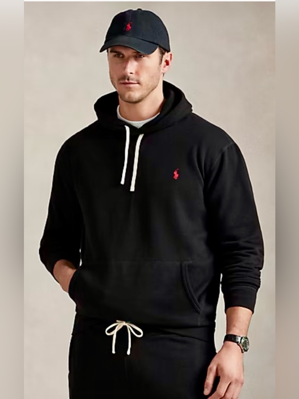 Polo by Ralph Lauren XL Black Zip-Up Hoodie with White Drawstrings and Red Pony